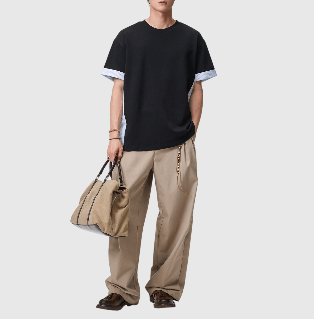 日系條紋拼布縫紉拼接設計 短袖 T-Shirt [SBT-1578]