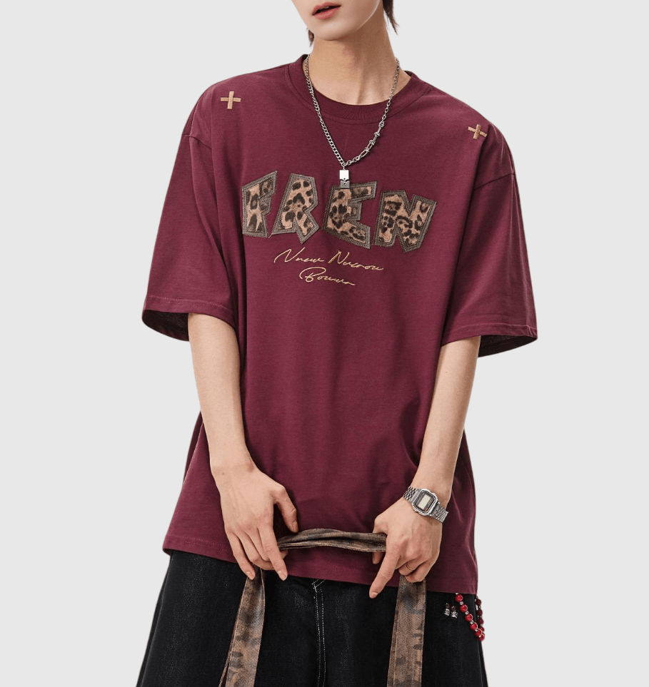 復古豹紋圖案立體印燙設計 純棉短袖 T-Shirt [SBT-1476]