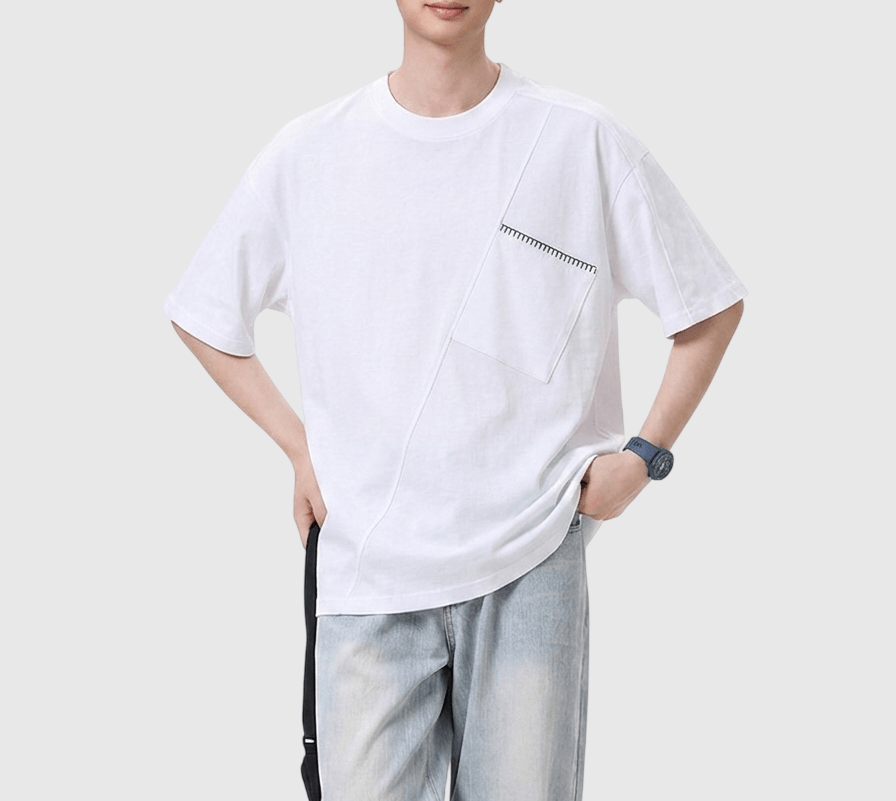 斜前袋手工縫線設計 純棉短袖 T-Shirt [SBT-1574]