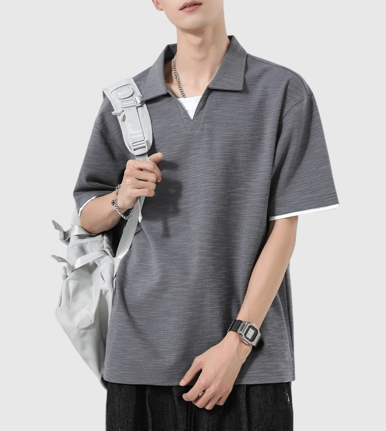 日系基礎假兩件式 V 領設計 天竺棉短袖 POLO T-Shirt [SBT-1499]