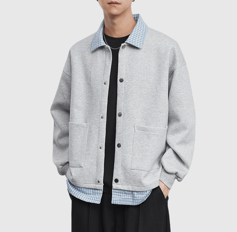 日系假兩件式恤衫縫紉拼接 長袖外套 [SBO-1483]