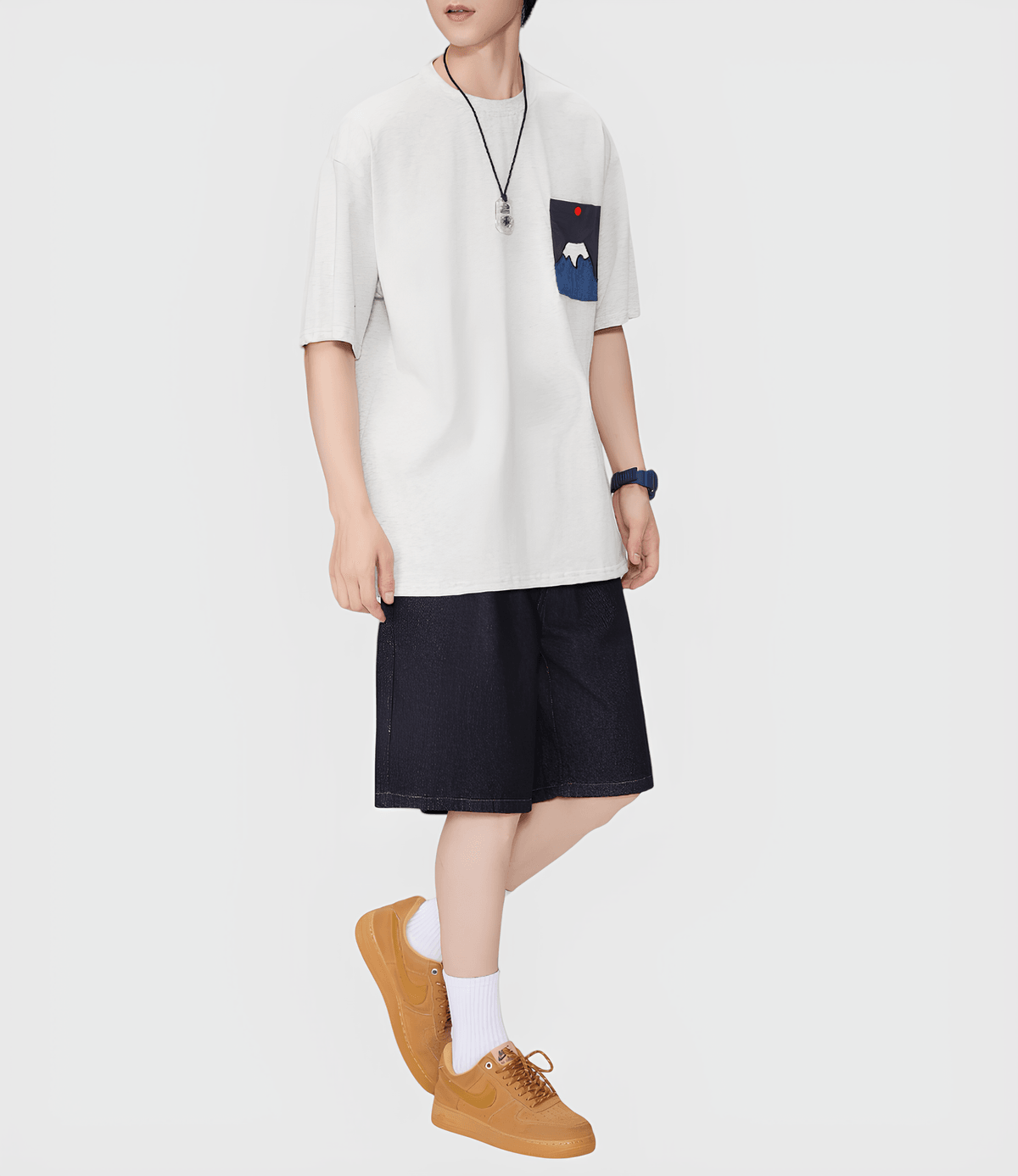 日式前袋富士山刺繡設計 純棉短袖 T-Shirt [SBT-1464]