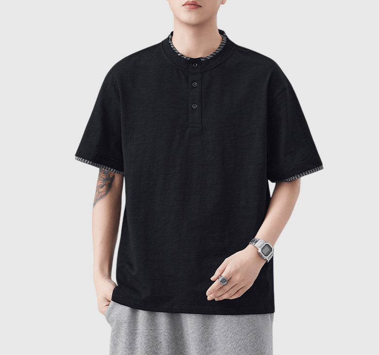 日系假兩件式條紋縫紉 亨利領純棉短袖 T-Shirt [SBT-1508]