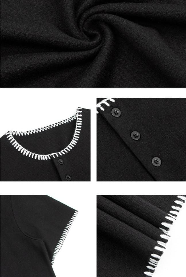 復古撞色手工縫線設計 亨利領短袖 T-Shirt [SBT-1563]