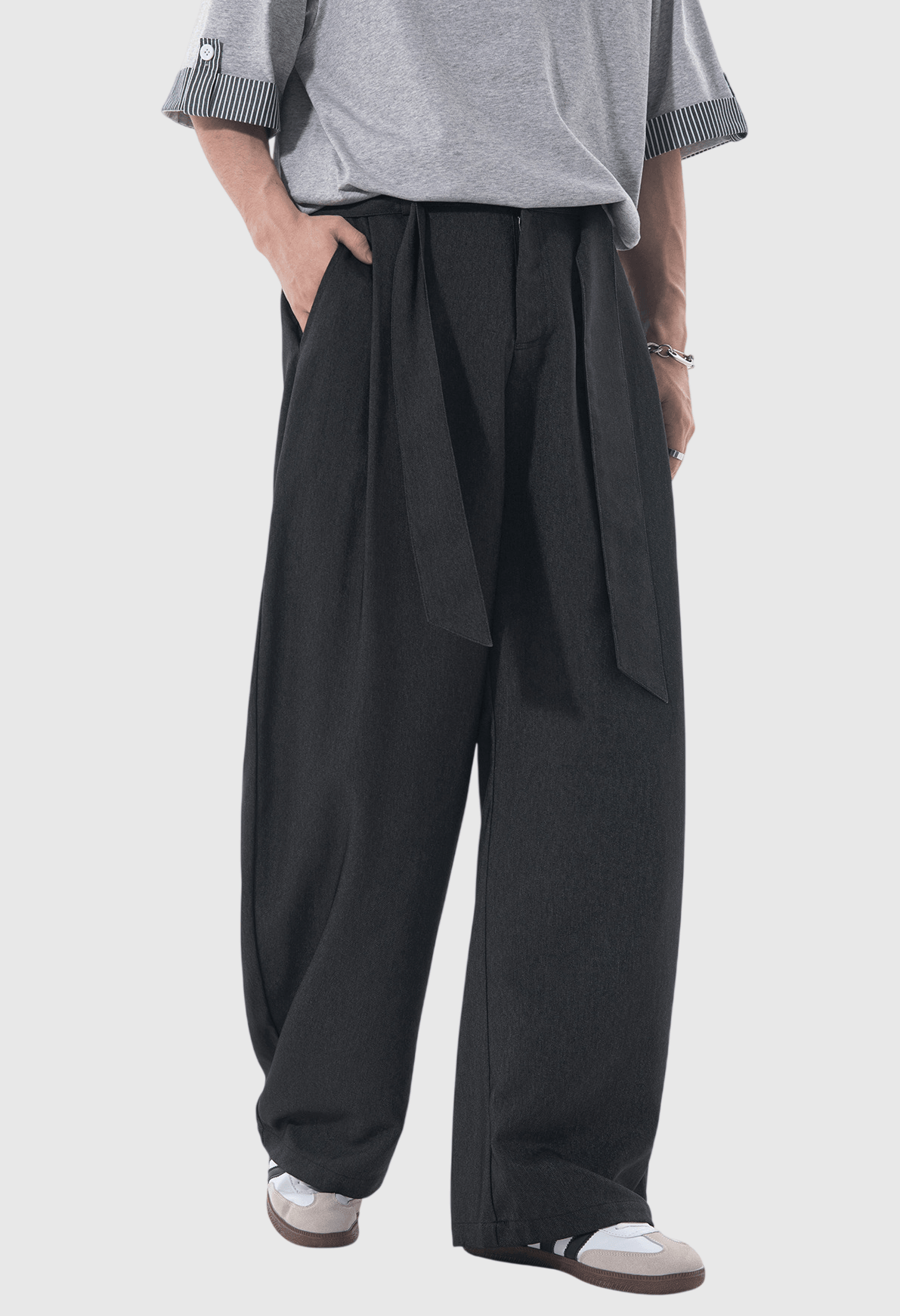 日系基礎闊腰繩設計 仿牛仔布闊腿直筒垂感長褲 [SBP-1203]