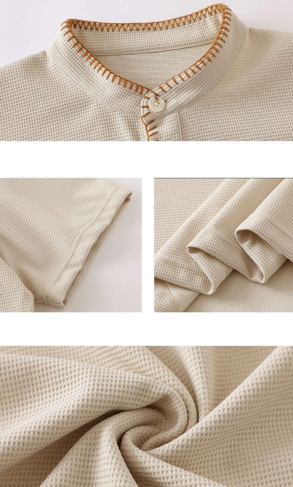 復古領口手工縫線設計 Waffle 半開領鈕扣短袖 T-Shirt [SBT-1566]