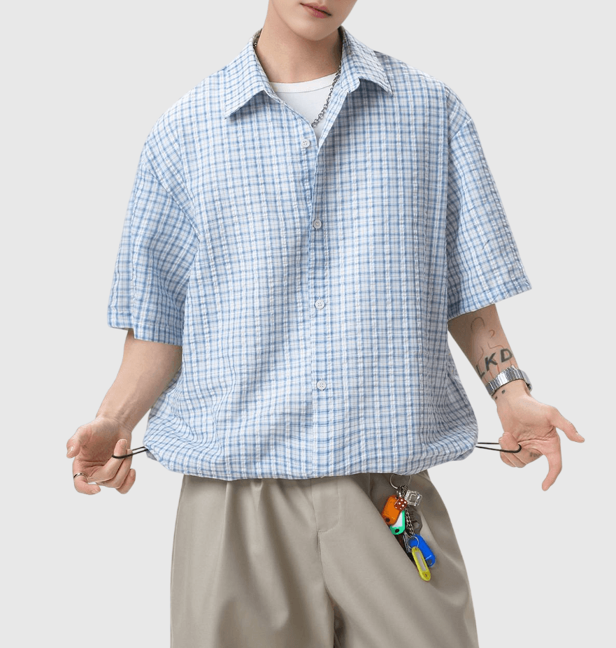 日系基礎細格仔皺褶紋理工藝 透氣短袖恤衫 [SBS-1394]