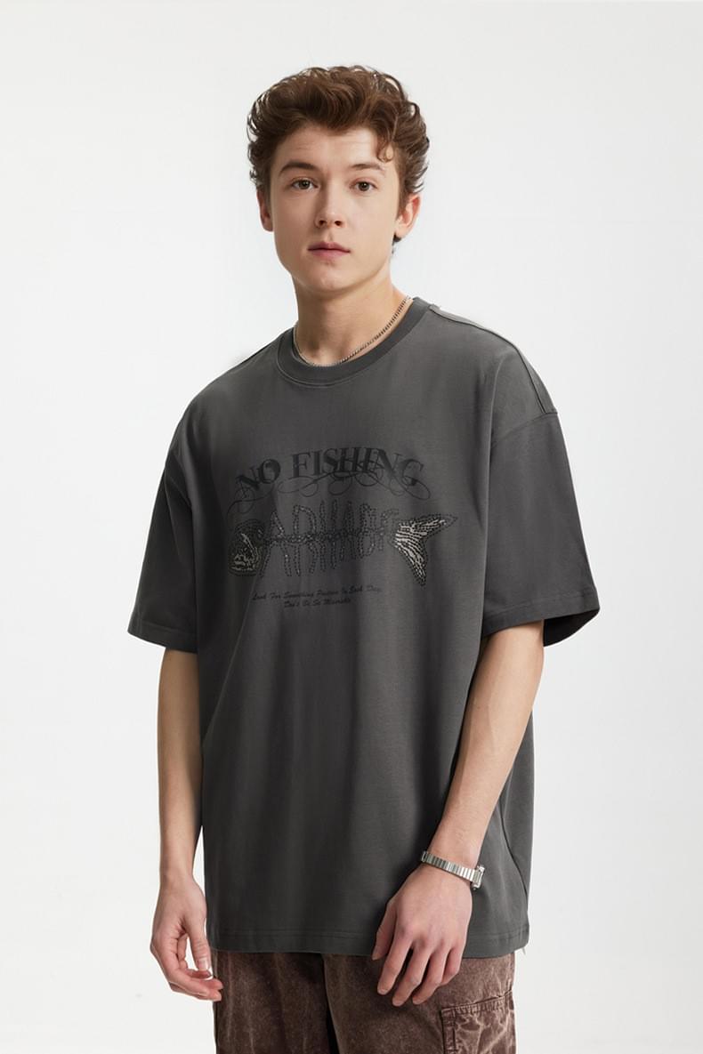 魚骨文字圖案立體印燙 純棉短袖 T-Shirt [CBT-1238]