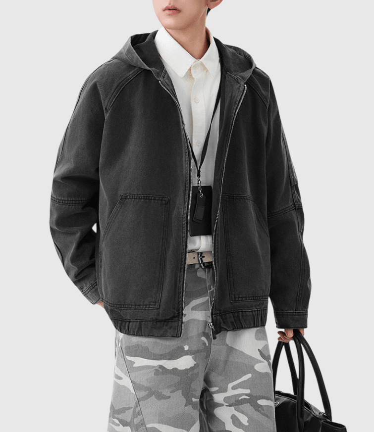 復古水洗前袋縫紉工裝 連帽牛仔外套 [CBJ-1075]