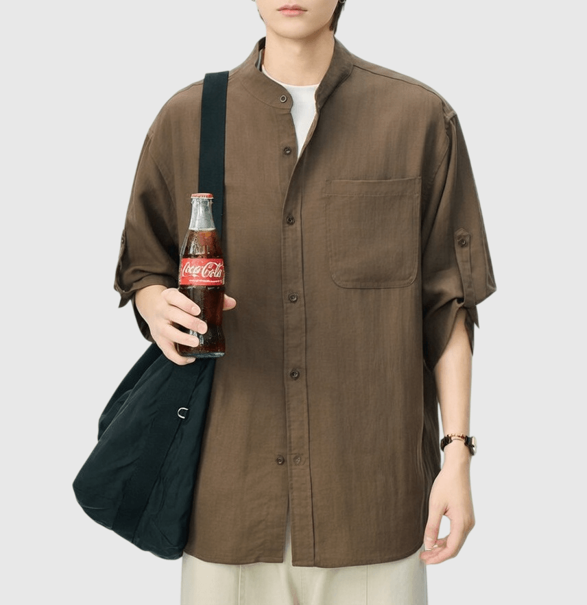 日系基礎可摺疊手袖設計 麻質半領短袖恤衫 [SBS-1396]