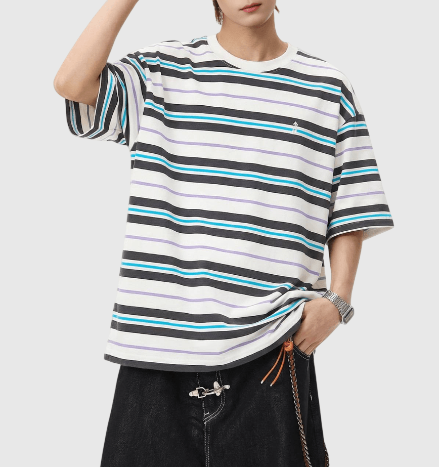 復古撞多色條紋燈塔小刺繡 純棉短袖 T-Shirt [SBT-1151]