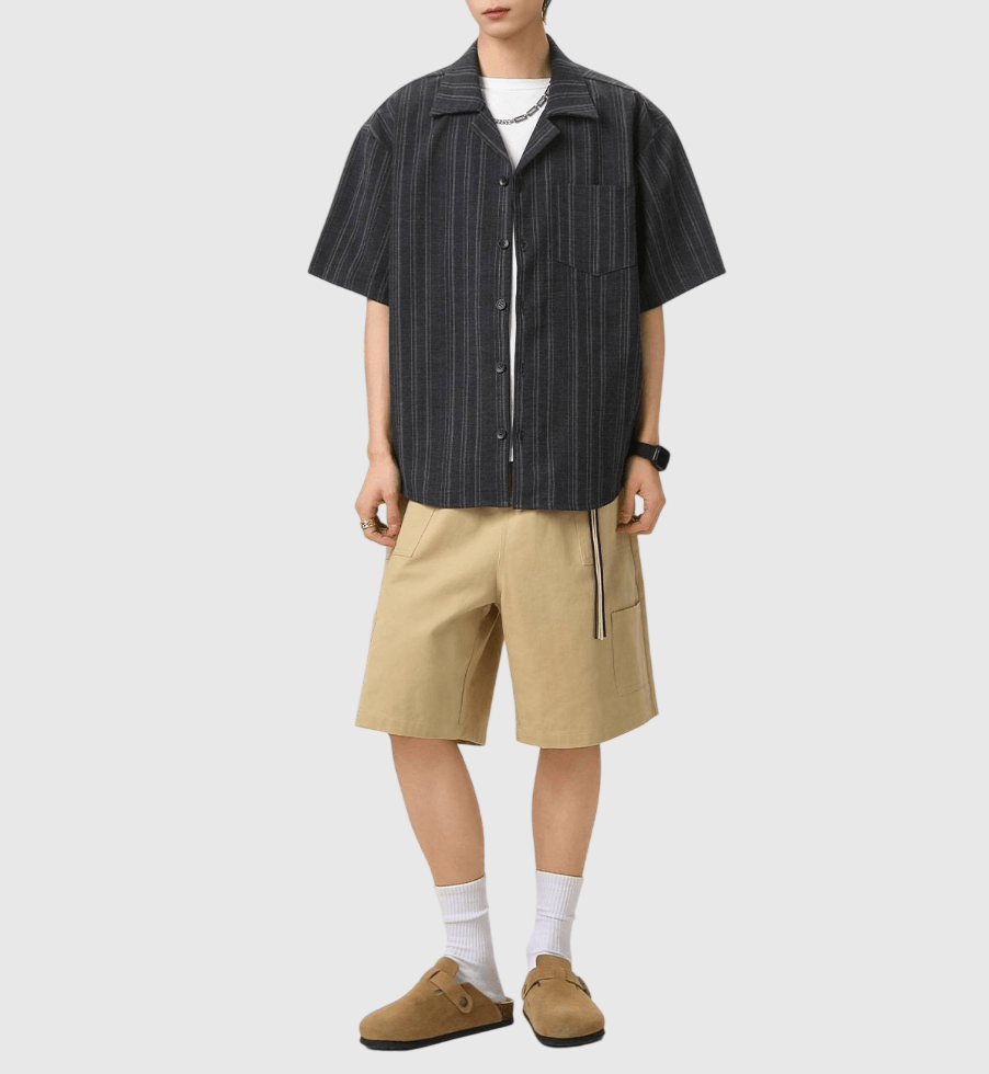 復古垂直條紋編織 垂感短袖恤衫 [SBS-1385]