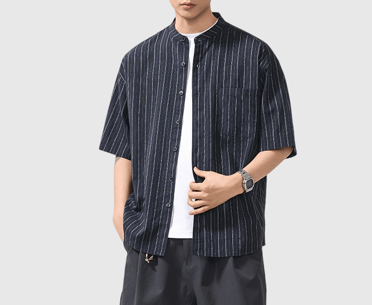 日系基礎前袋垂直條紋 麻質半領短袖恤衫 [SBS-1400]