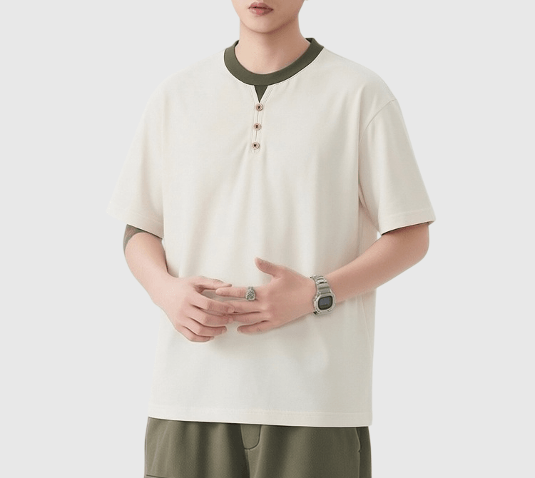 復古色系層次假兩件式鈕扣設計 短袖 T-Shirt [SBT-1569]