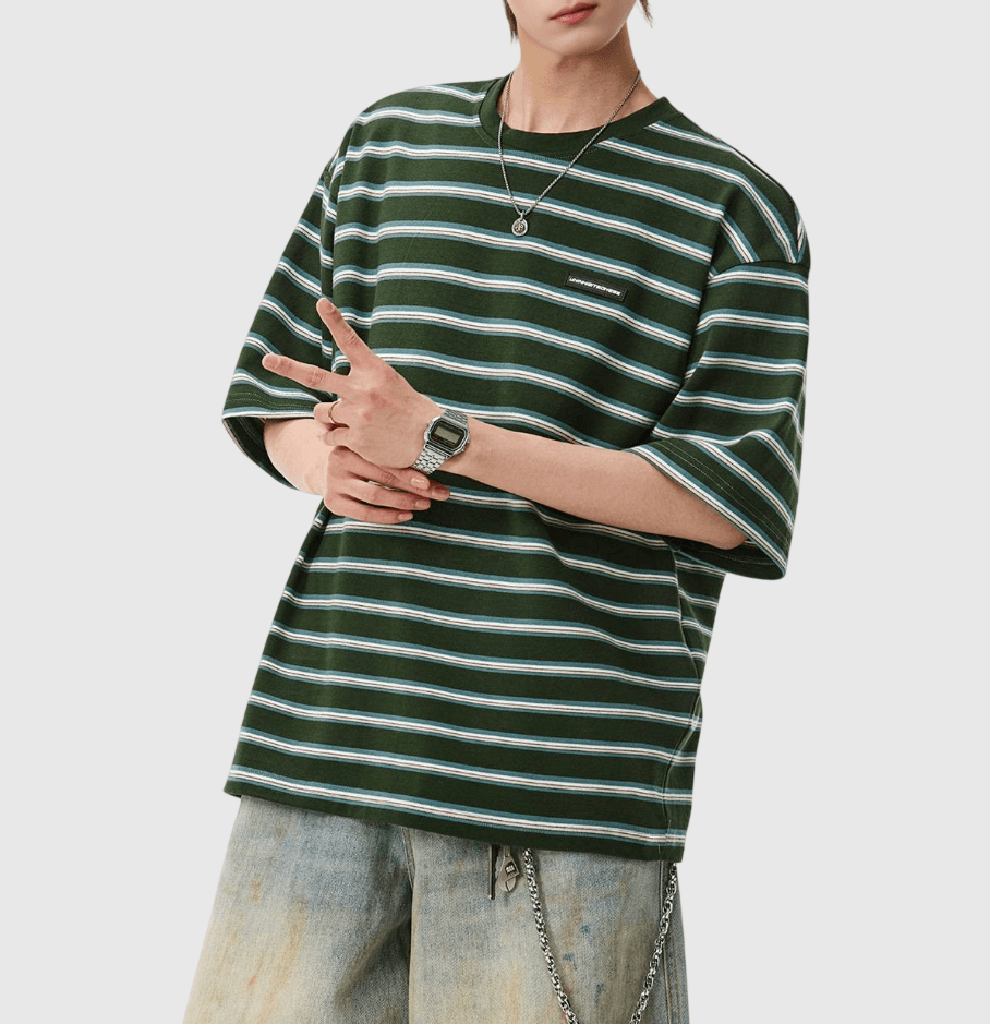 復古層次撞色橫間條紋 短袖 T-Shirt [SBT-1475]