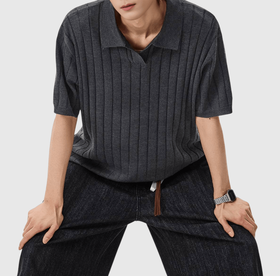 復古垂直肌理紋理 V 領 針織短袖 POLO T-Shirt [SBT-1474]
