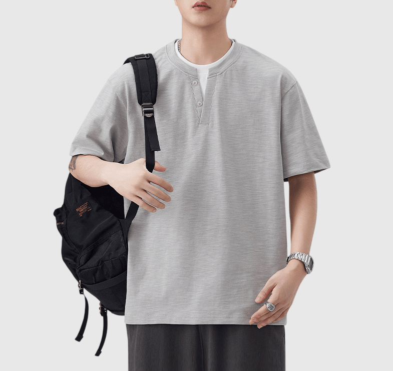 日系基礎層次假兩件式縫紉設計 亨利領純棉短袖 T-Shirt [SBT-1511]