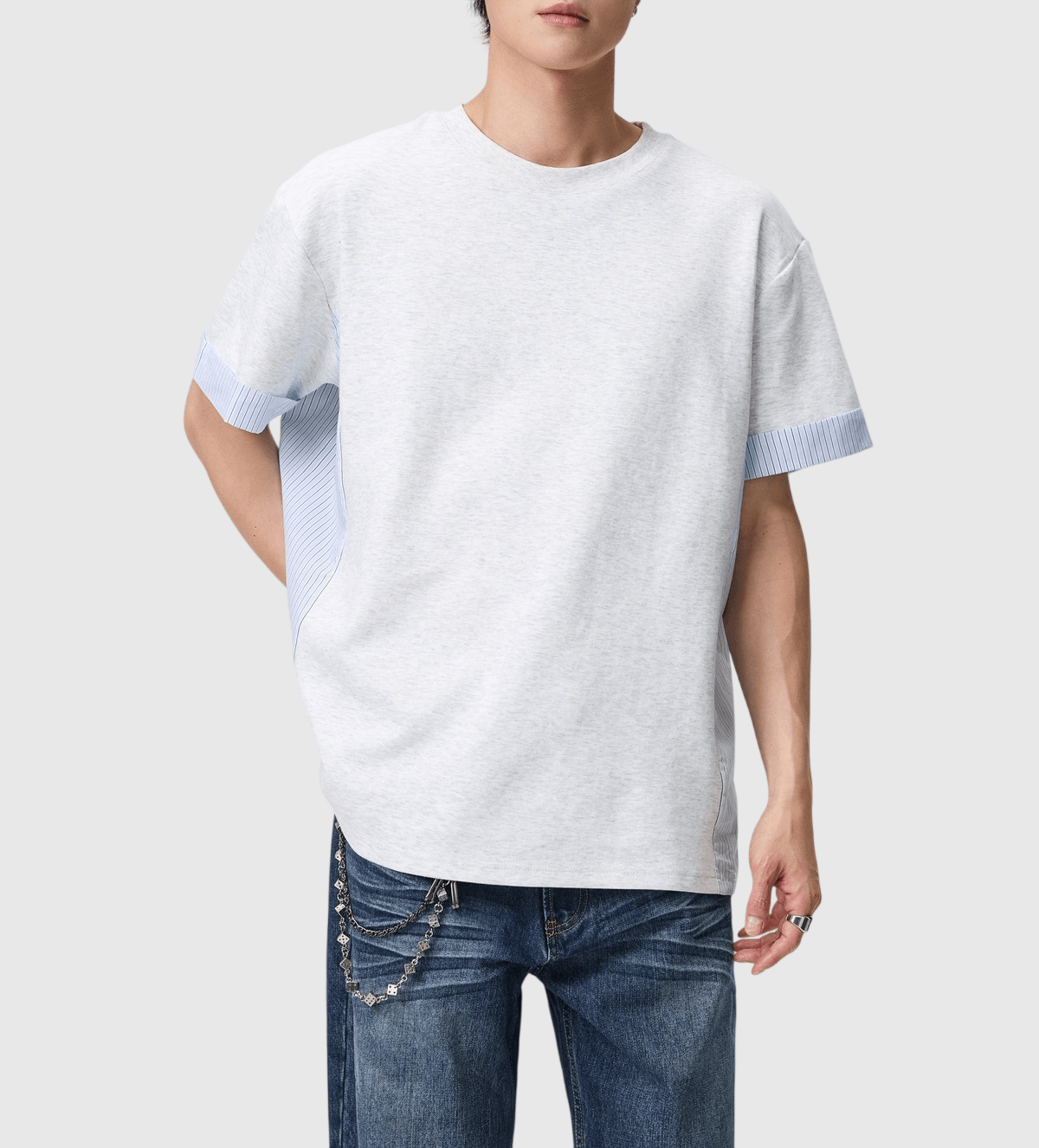 日系條紋拼布縫紉拼接設計 短袖 T-Shirt [SBT-1578]