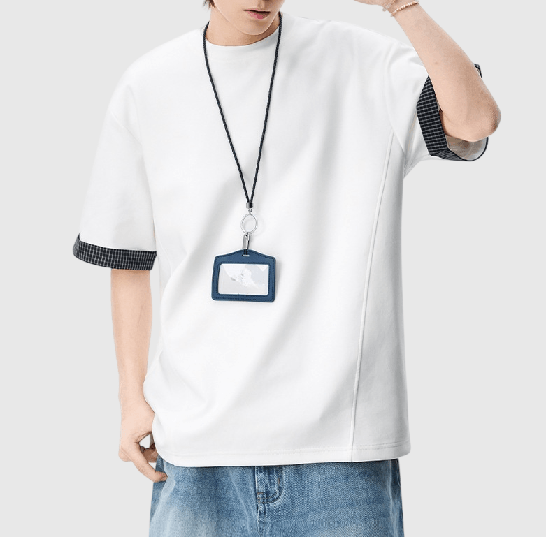 日系手袖格紋縫紉設計 短袖T-Shirt [SBT-1507]