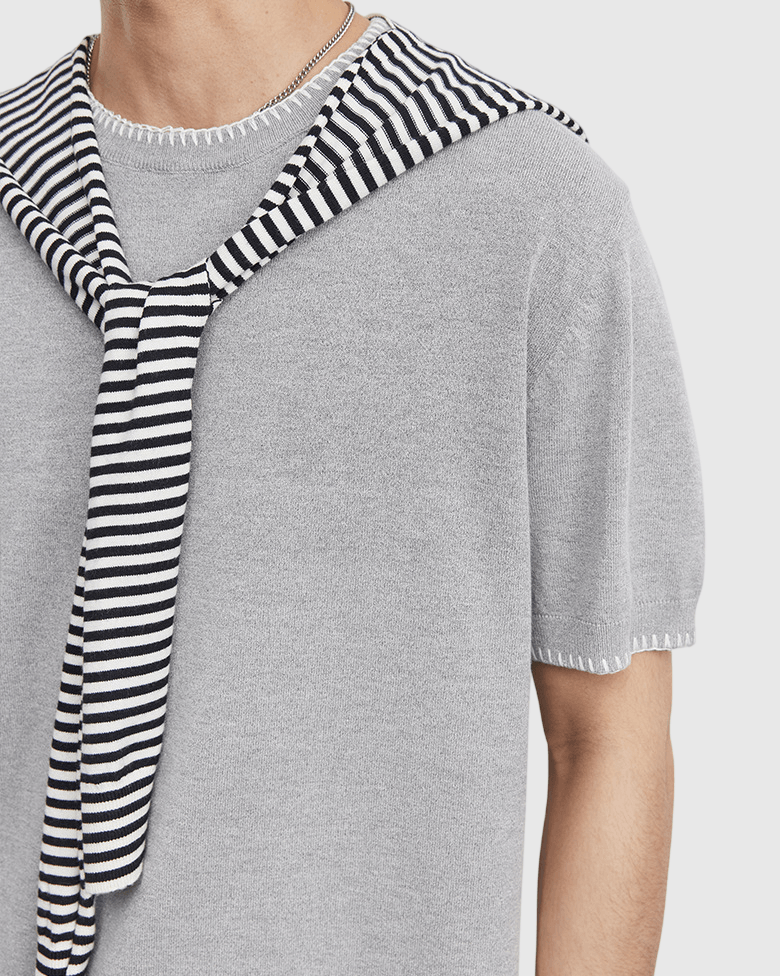 領口撞色手工縫線可拆卸披肩 短袖 T-Shirt [SBT-1553]