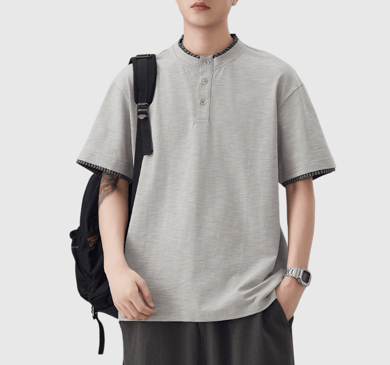 日系假兩件式條紋縫紉 亨利領純棉短袖 T-Shirt [SBT-1508]