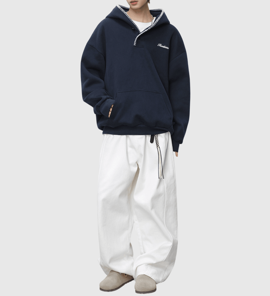 日系帽簷撞色縫線設計 半開領鈕扣連帽衛衣 [SBH-1344]