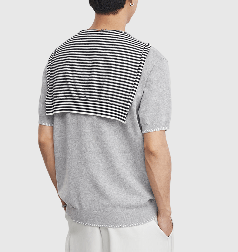 領口撞色手工縫線可拆卸披肩 短袖 T-Shirt [SBT-1553]