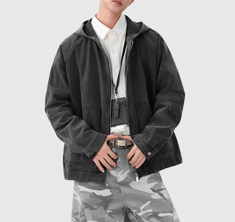 復古水洗前袋縫紉工裝 連帽牛仔外套 [CBJ-1075]