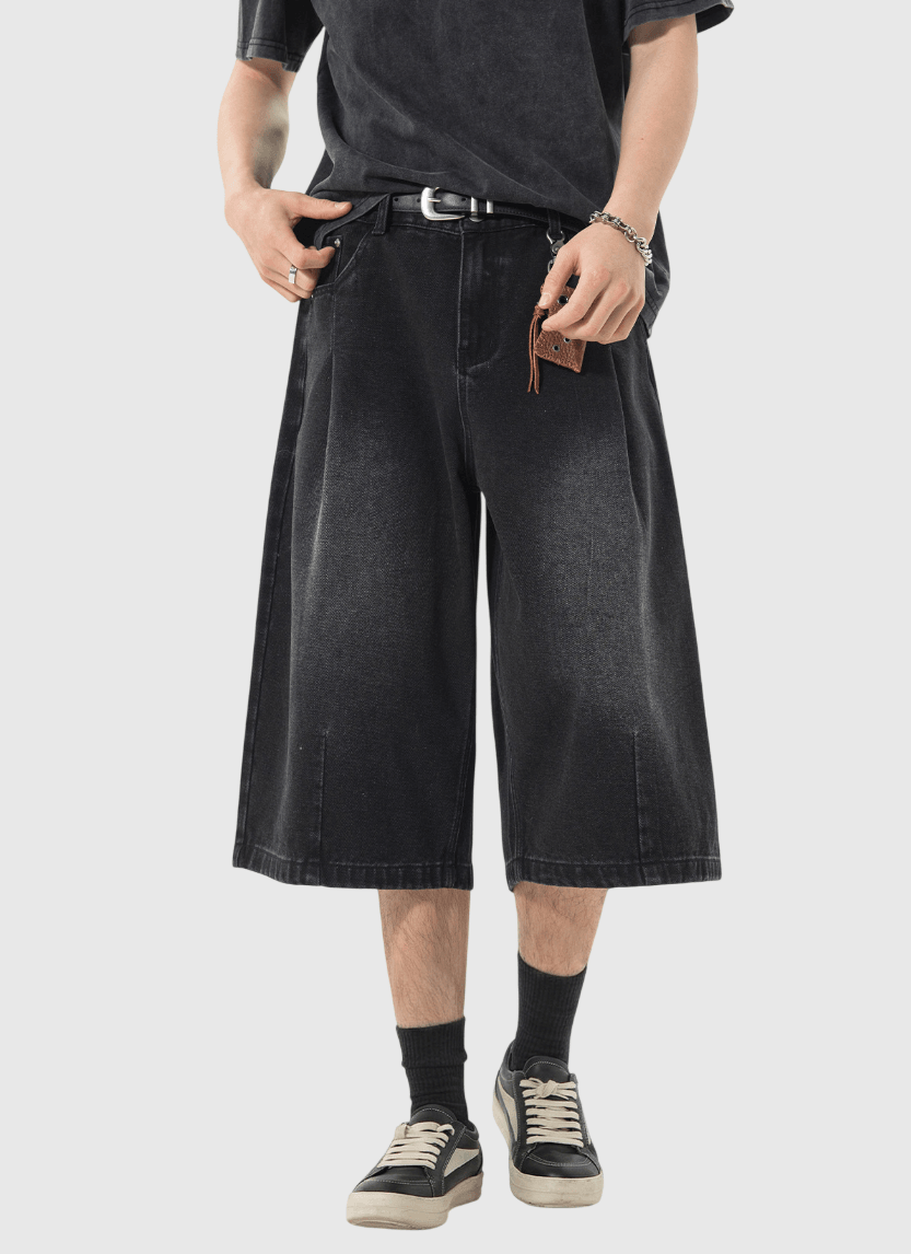 復古基礎洗水立體褶皺設計 闊腳七分牛仔短褲 [SBST-1148]