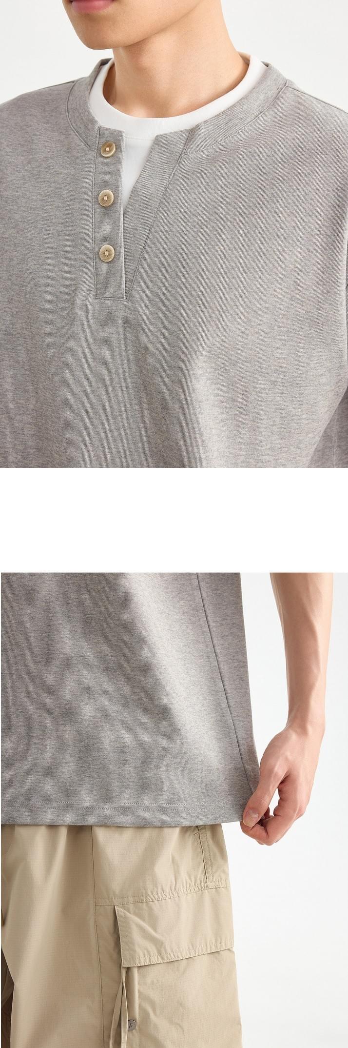 假兩件結構設計 亨利領鈕扣針織短袖 T-Shirt [CBT-1334]