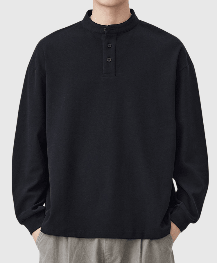 復古半開襟鈕扣 亨利領純棉長袖 T-Shirt [SBT-1451]