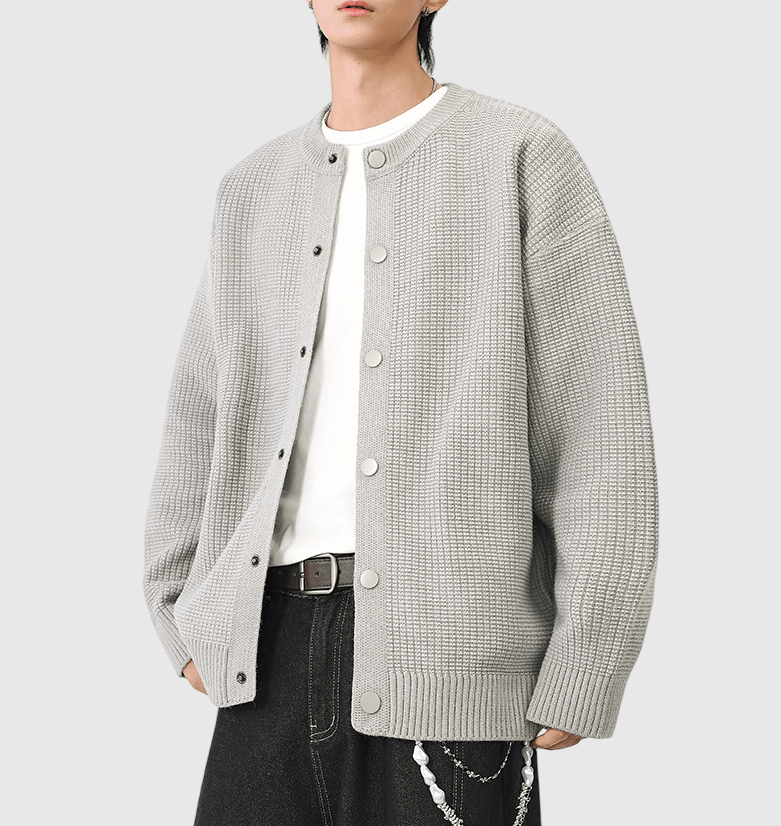 日系立體粗線紗織紋理 針織圓領開胸外套 [SBO-1462]