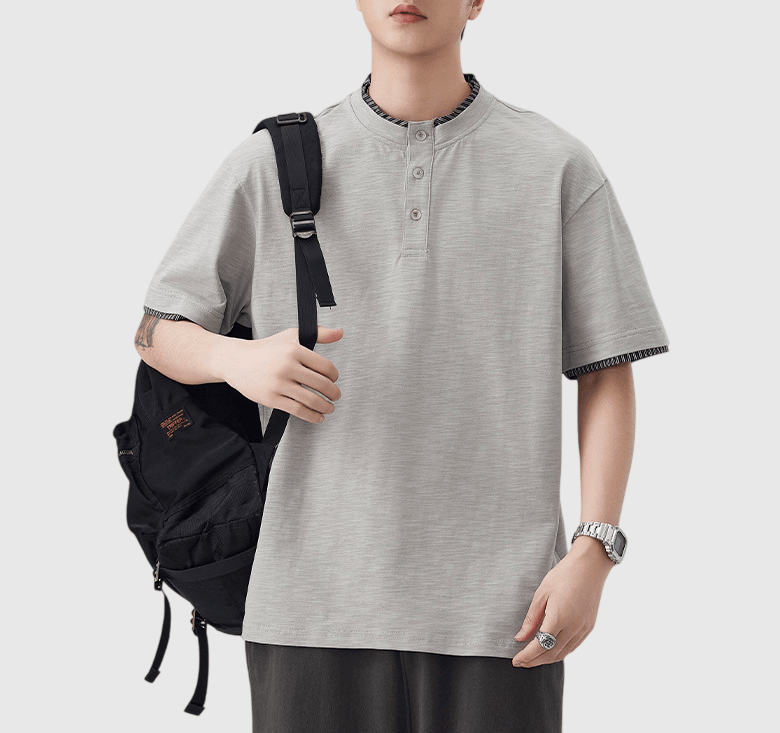 日系假兩件式條紋縫紉 亨利領純棉短袖 T-Shirt [SBT-1508]