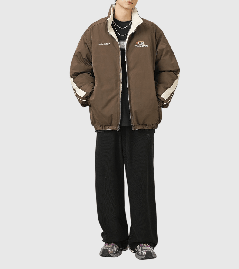 復古細文字刺繡雙面穿著撞色設計 夾棉長袖外套 [SBO-1379]