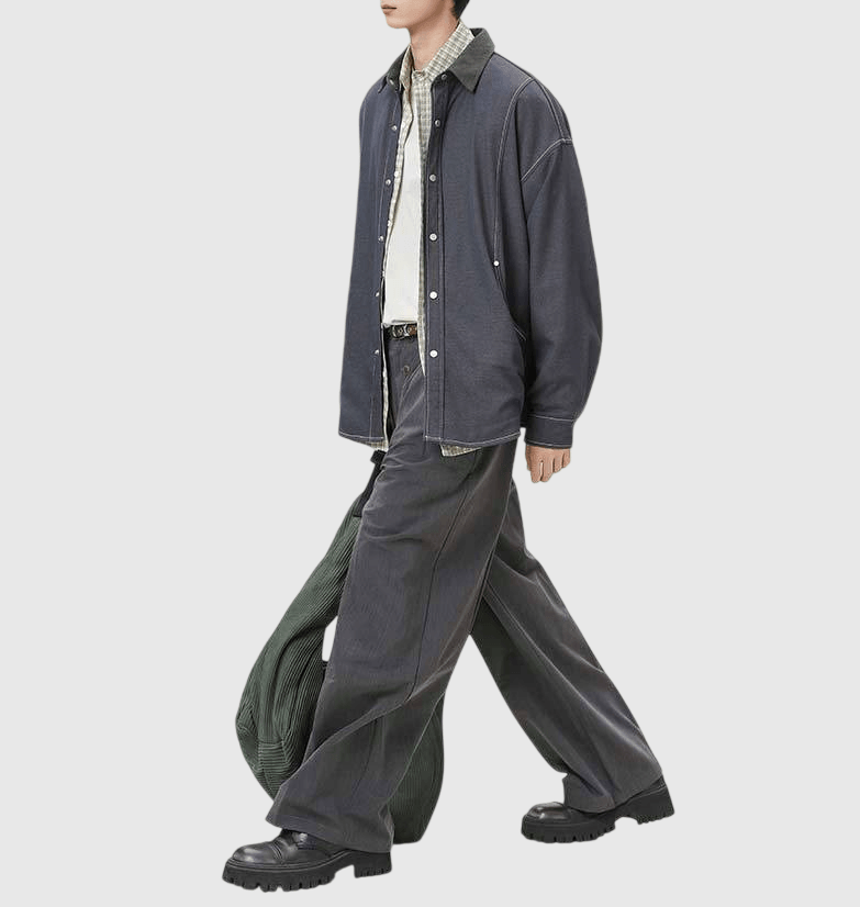 復古水洗立體撞色縫線工裝 長袖牛仔恤衫 [SBS-1380]