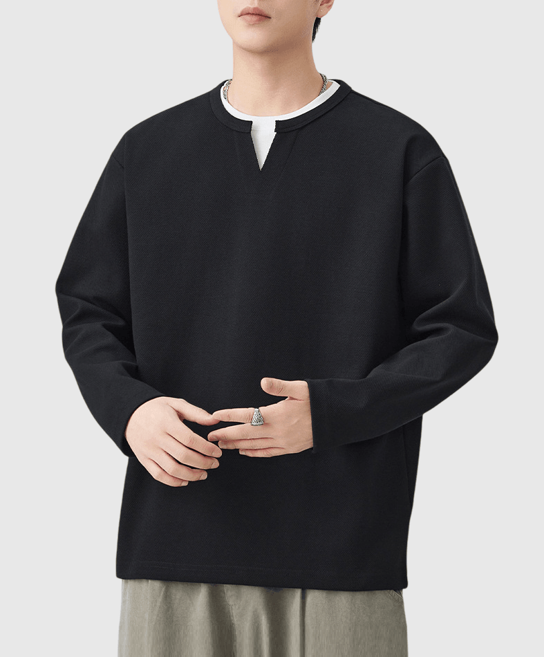 日系層次假兩件式設計 V 領重磅長袖 T-Shirt [SBT-1453] 
