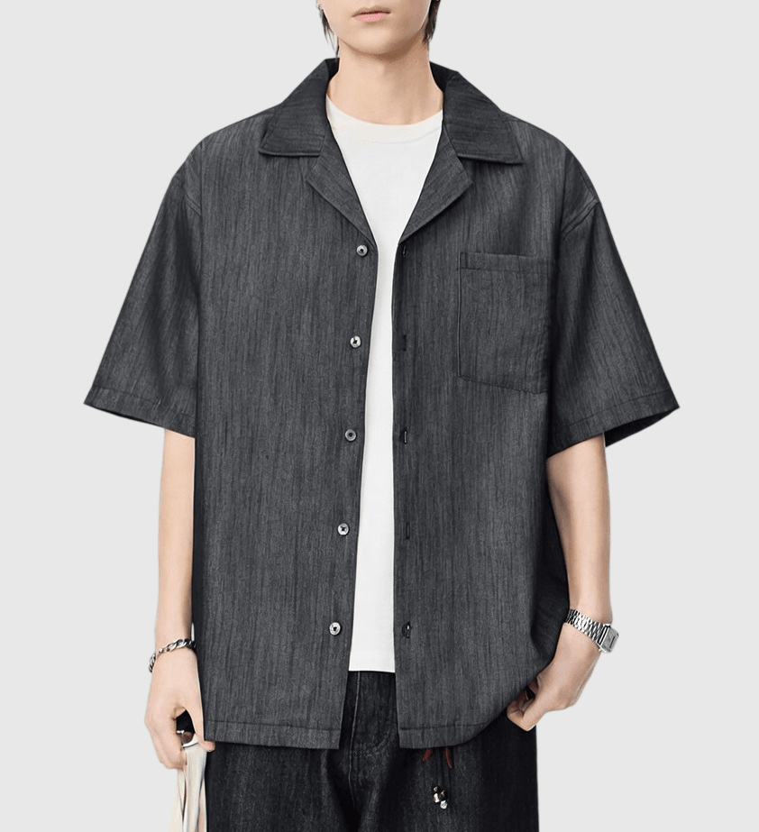 日系基礎微皺紋理 透氣垂感牛仔短袖恤衫 [SBS-1395]