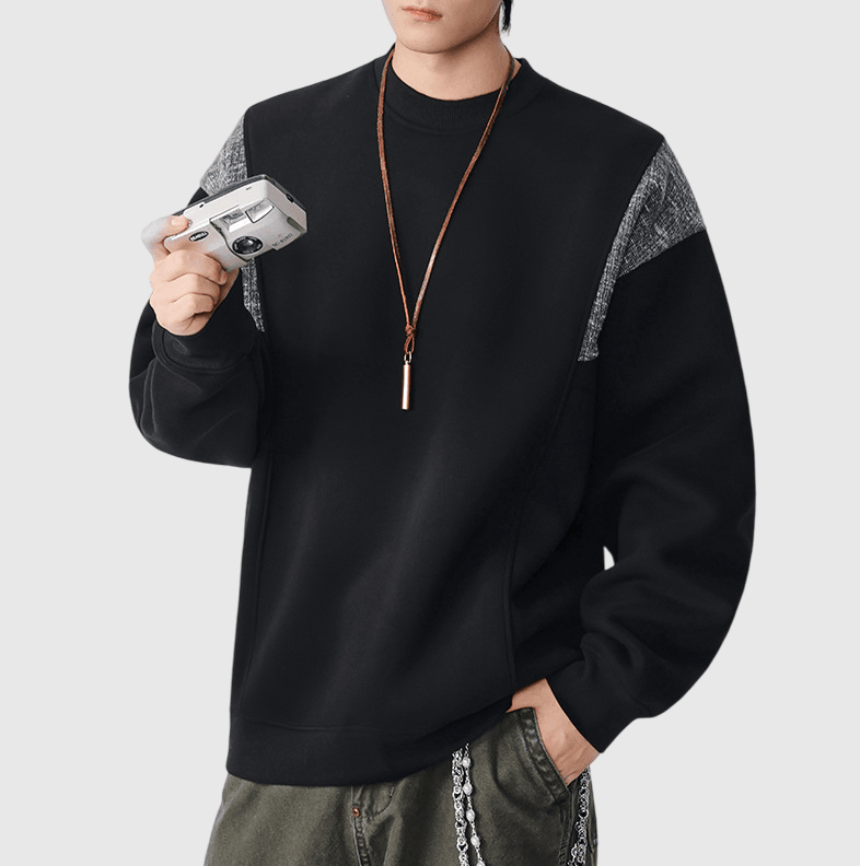 復古手袖撞色縫紉拼接 圓領長袖衛衣 [SBH-1341]