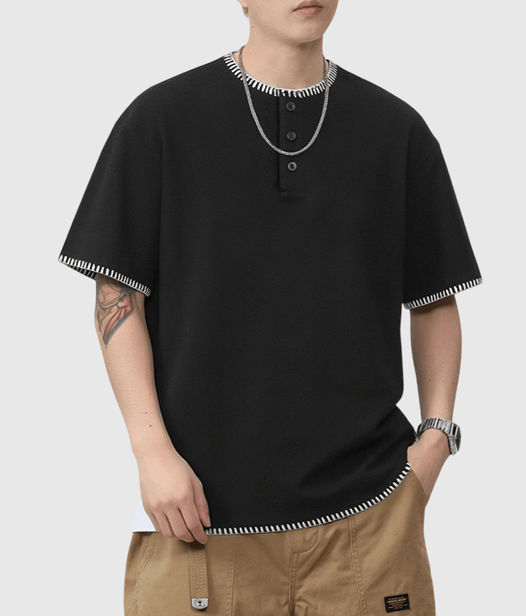 復古撞色手工縫線設計 亨利領短袖 T-Shirt [SBT-1563]