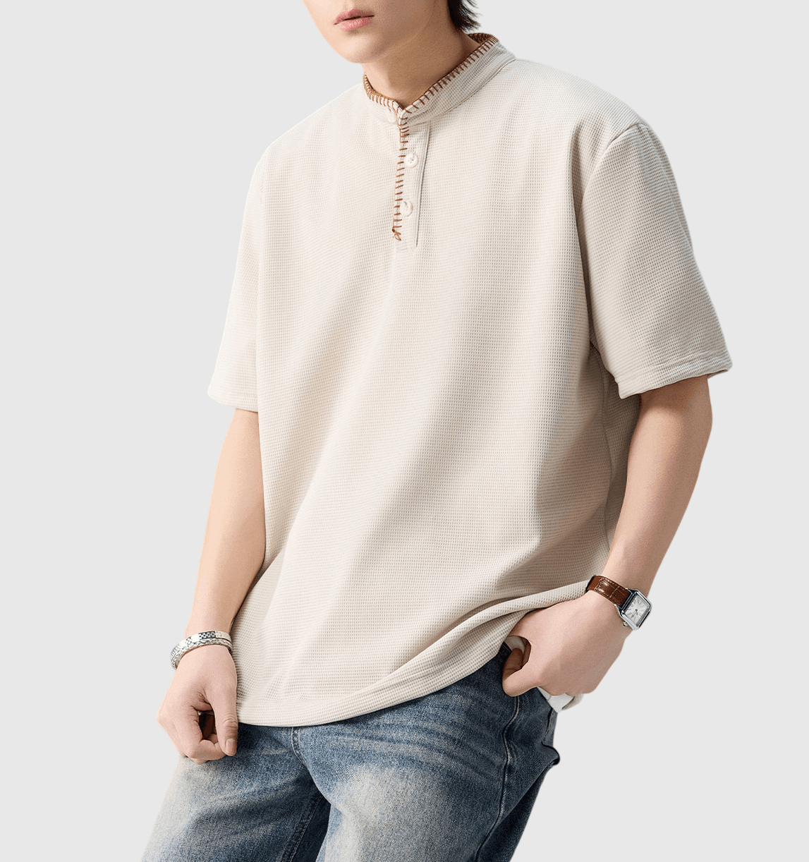 復古領口手工縫線設計 Waffle 半開領鈕扣短袖 T-Shirt [SBT-1566]