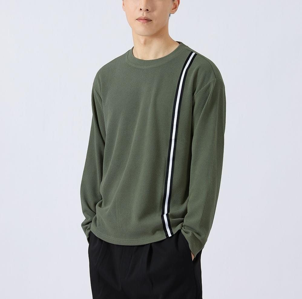 日系側身撞色縫線條紋 肌理紋理長袖 T-Shirt [CBT-1223]