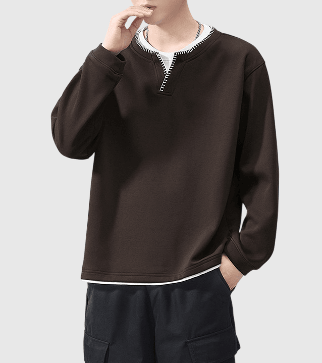 日系領口撞色手工縫線設計 假兩件式短袖 T-Shirt [SBH-1363]