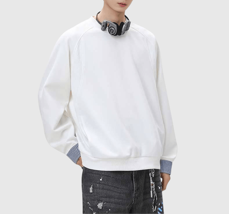 日系手袖格紋恤衫縫紉拼接 長袖衛衣 [SBH-1347]