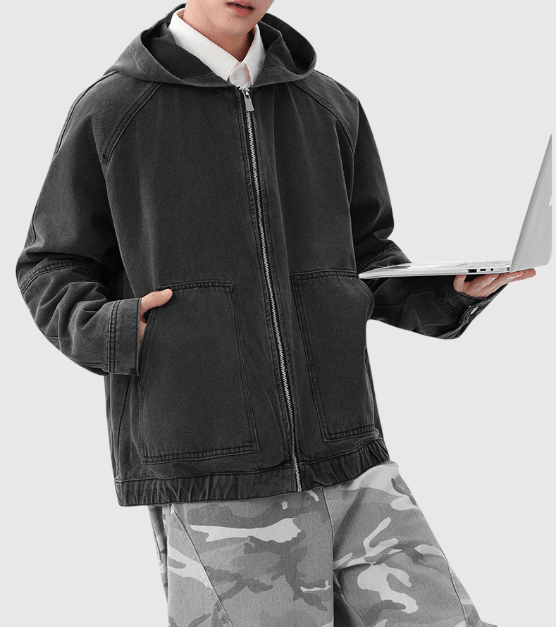 復古水洗前袋縫紉工裝 連帽牛仔外套 [CBJ-1075]