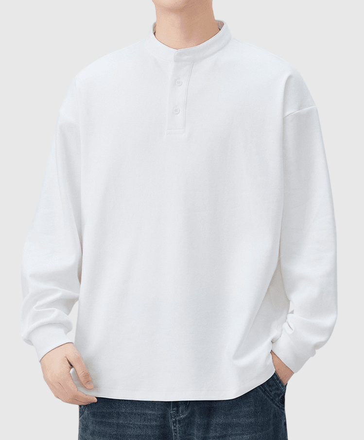 復古半開襟鈕扣 亨利領純棉長袖 T-Shirt [SBT-1451]