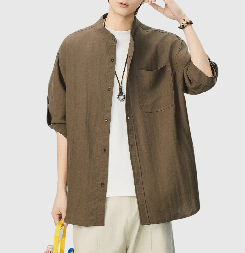 日系基礎可摺疊手袖設計 麻質半領短袖恤衫 [SBS-1396]