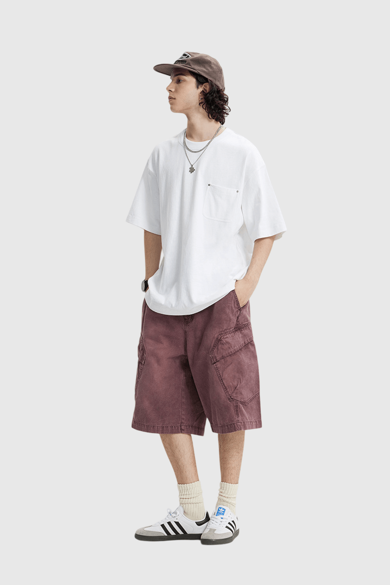 復古前袋鉚釘縫線設計 麻質短袖 T-Shirt [CBT-1271]