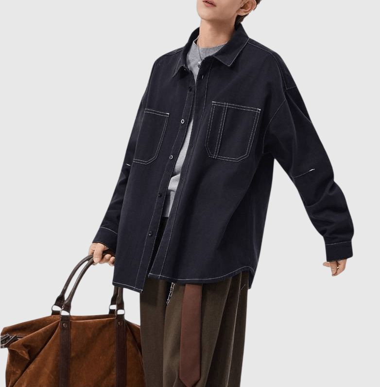 日系輕復古雙設計前袋縫紉 純棉長袖恤衫 [SBS-1207]