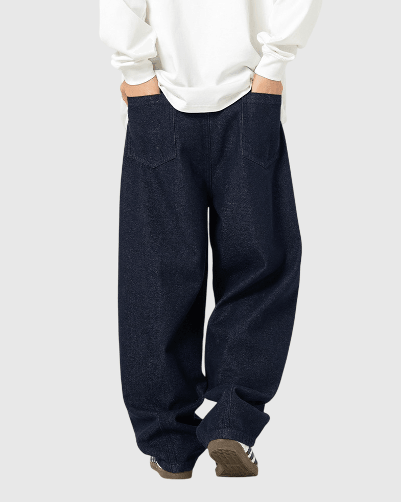 日系簡約拼色鬆緊繩設計 垂感闊腳水洗牛仔褲 [SBP-1139]