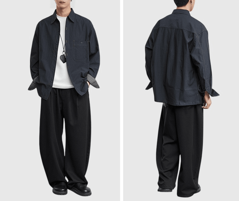 復古鈕扣前袋內層格紋拼接 長袖恤衫 [SBS-1383]